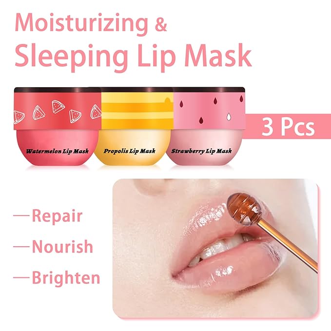 3 Pcs Bee Lip Balm Honey Pot, Honey Strawberry Watermelon Lip Mask Overnight, Moisturizing Sleeping Lip Mask, Hydrate Repair Prevent Dry Cracked Lip Care (Honey+Strawberry+Watermelon)