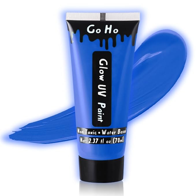 Go Ho Neon Blue Body Paint Washable(2.37oz,70ml),under UV Blacklight Neon Face Paint,Water Based Neon Fluorescent Blue Face Paint for Adults Children SFX Cosplay Costumes Festivals Halloween Makeup