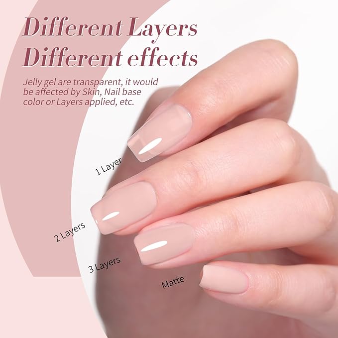 Born Pretty Milky White Jelly Nude Pink Gel Nail Polish Translucent Natural Sheer Pink Soak Off U v Light Cure Gel Polish Kit for Salon and Nail Art DIY at Home 6Colors