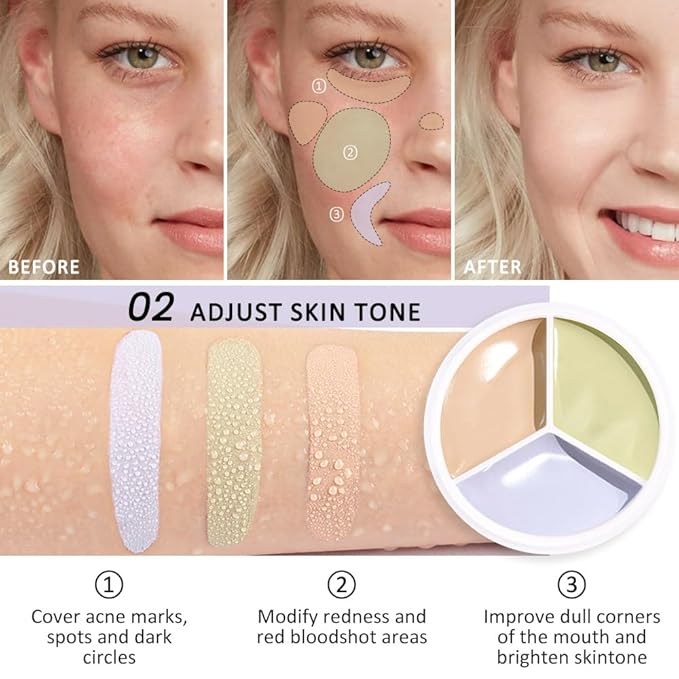 Kaely 3Pcs Tri Color Concealer Pot,Color Correcting Concealer for Dark Circles Spots,Cream Concealer Full Coverage,Foundation Contour Makeup Palettes,under Eye Brightener corrector de ojeras,01+02+03