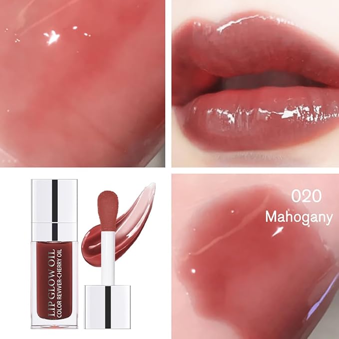 Hydrating Lip Glow Oil Moisturizing Plumping Lip Tint Lip Gloss Transparent Lip Balm Long Lasting Nourishing Repairing Lightening Lip Lines (020# MAHOGANY)