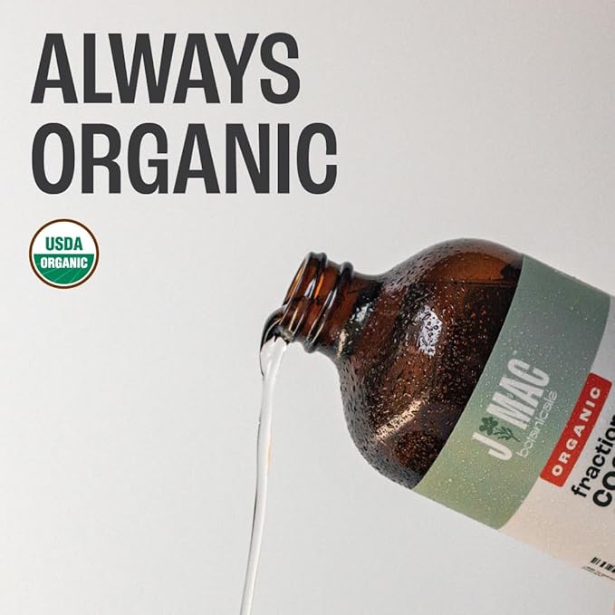 J MAC BOTANICALS Organic Fractionated Coconut Oil (16 Ounce Glass Bottle) Organic Carrier Oil and for DIluting Essential Oils, Moisturizer, Hair Care