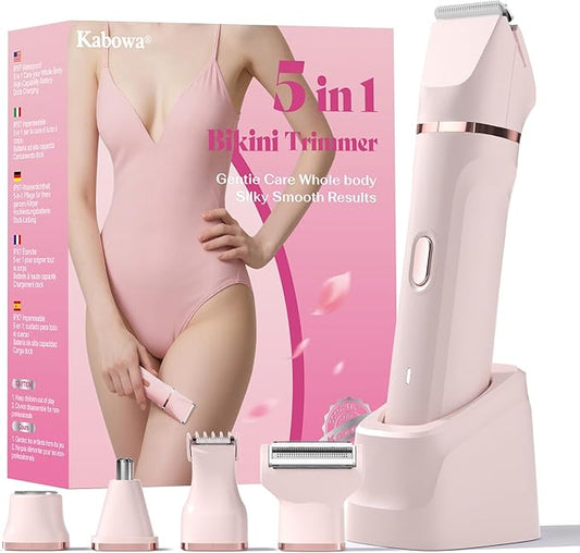 Bikini Trimmer for Women - 5 in 1 Painless Electric Razors for Ladies Pubic Facial Nose Body Leg Hair Removal, Waterproof Electric Shaver for Women Private Area Sensitive Skin,Personal Hair Trimmer