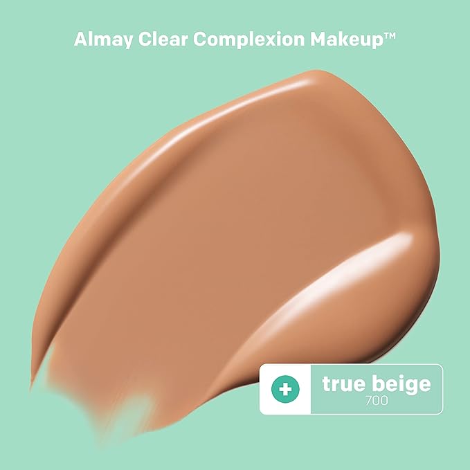 Almay Clear Complexion Acne Foundation Makeup with Salicylic Acid - Lightweight, Medium Coverage, Hypoallergenic, -Fragrance Free, for Sensitive Skin , 700 True Beige, 1 fl oz.