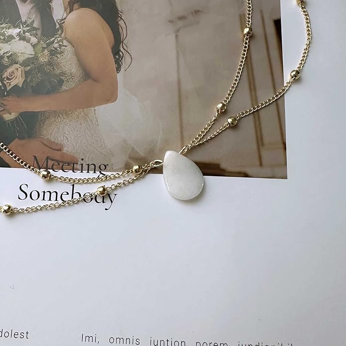 Layered Teardrop Pendant Necklace Teardrop Natural Stone Necklace Teardrop Gemstone Necklace Chain White Teardrop Necklace Choker Gold Satellite Chain Necklace Jewelry for Women and Girls