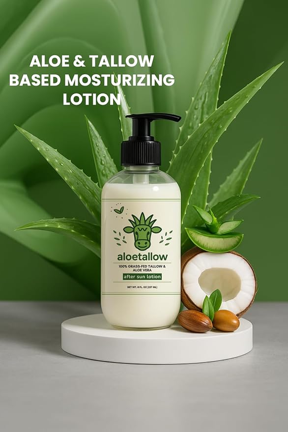 After Sun Lotion for Sunburn Relief & Tan Extender – Aloe Vera & Grass Fed Tallow with Shea & Cocoa Butter – Non-Toxic Daily Body Moisturizer for Dry Skin, Face & After Tanning