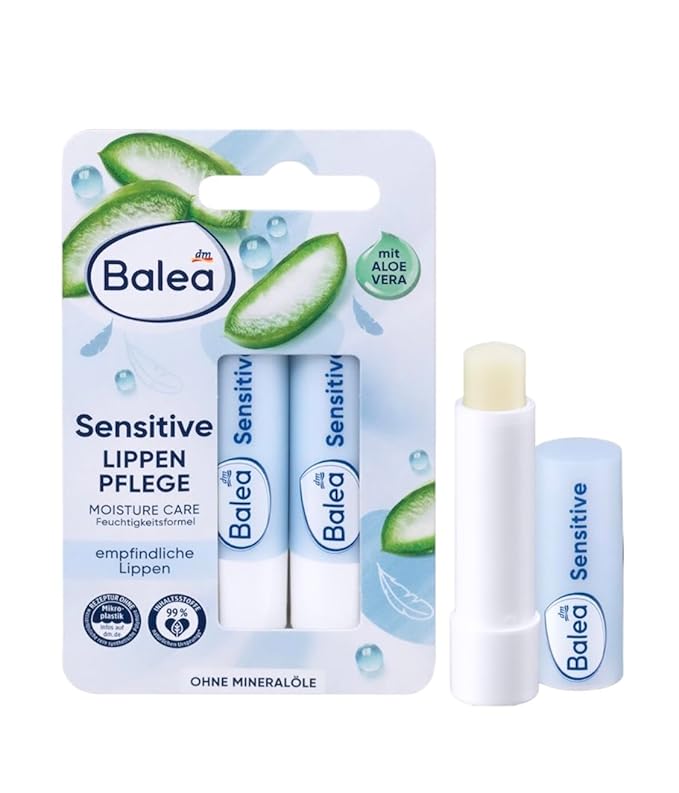 Balea Lip Care Sensitive, Moisturizing Lip Balm with Aloe Vera 9.6 g (pack of 2) - German product