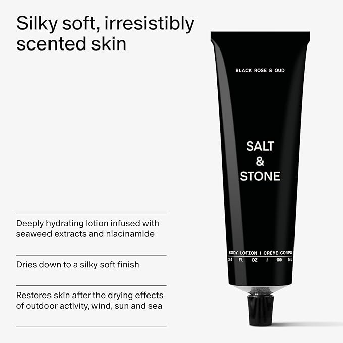 Salt & Stone Body Lotion for Women & Men | Hydrates, Nourishes & Softens Skin | Restores Dry Skin | Fast-Absorbing | Cruelty-Free & Vegan (100 ml) (Black Rose & Oud)