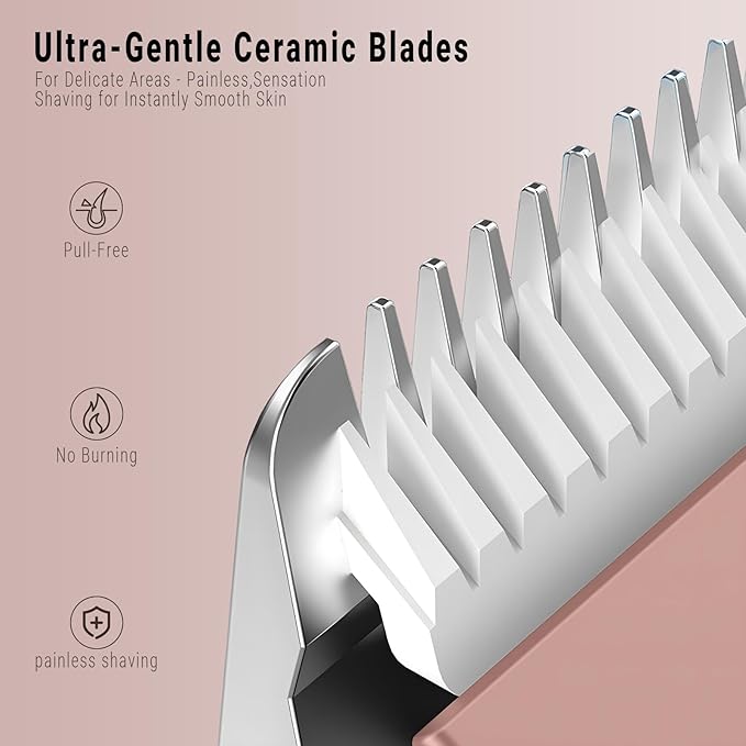 2-in-1 Bikini Trimmer for Women, Bikini Shaver with Dual Heads, Painless Body and Facial Hair Removal, Rechargeable Cordless Electric Razors for Face Chin Pubic Underarm Legs, IPX7 Waterproof, Pink