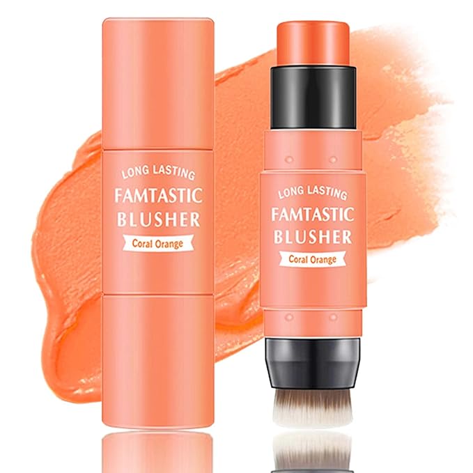 Cream Blush Stick,Blush Stick for Cheeks with Contour Brush,3-in-1 Long Lasting Waterproof Blush&Eye Shadow&Lip Gloss for Natural Skin Types（03 Citrus Pink）