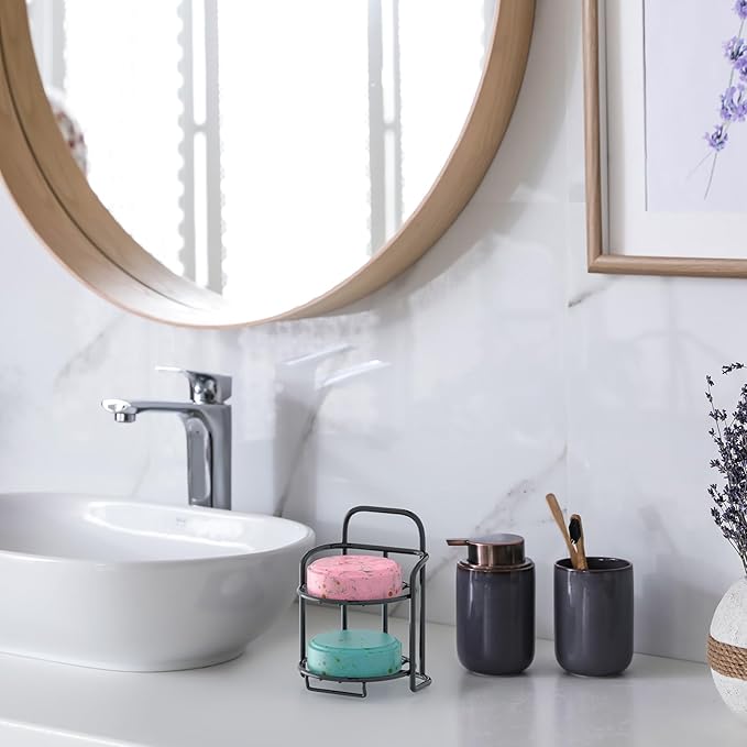 2-Tier Shower Soap Shampoo Bar Holder, Self Adhesive & Freestanding Draining Soap Dish Caddy for Bathroom Wall Accesories Decor Black