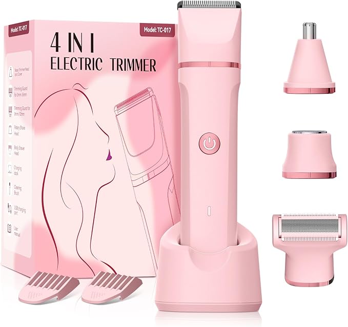 Bikini Trimmer for Women - 4 in 1 Electric Razors for Women, Waterproof Body Pubic Hair Electric Shaver for Womens, Replaceable Facial & Nose Hair Razor, Rechargeable Grooming Kit, Pink
