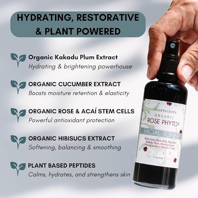 Organic Phyto³ Rose Water Facial Toner Spray - Pure Rosewater for Face, with Acaí and Herbal Extracts - Eco-Friendly and Vegan - Hydrating Rose Water Organic Face Spray (4 oz)