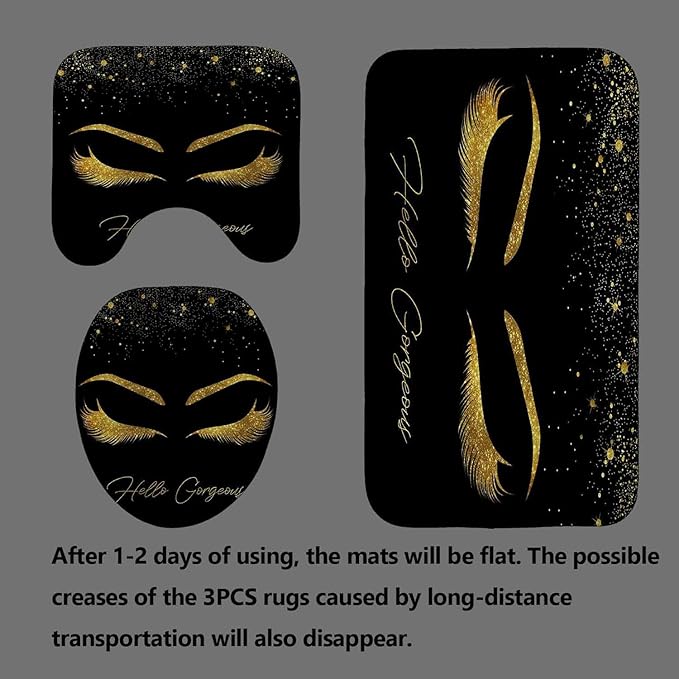 4PCS Unicorn Eyelash Shower Curtain Set, Luxury Gold Glitter Eyebrow Makeup Confetti Hello Gorgeous Glam Modern Fashion Black Women Bathroom Decor, Non-slip Bath Mat Toilet Rug, Gold Eyelash