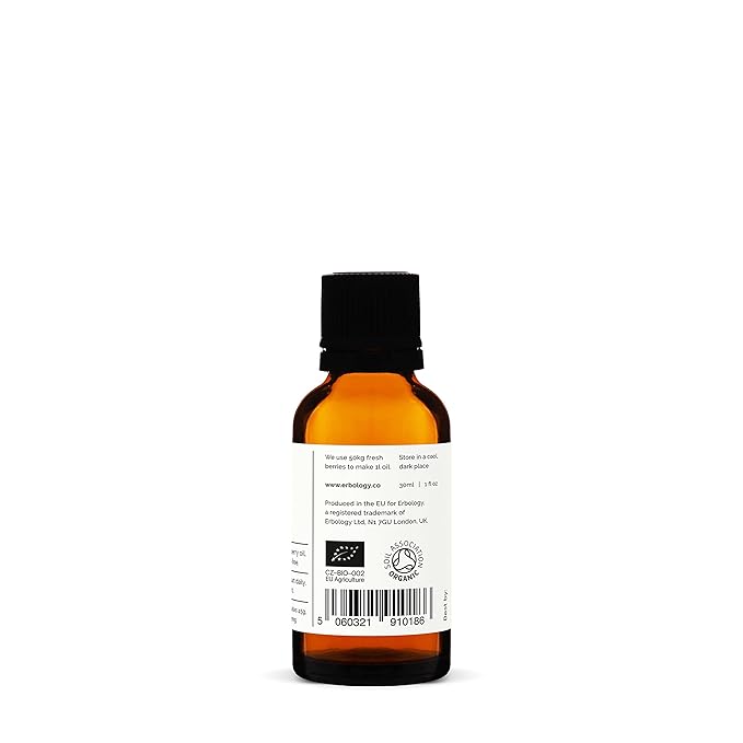 Erbology 100% Organic Sea Buckthorn Oil 1 fl oz - Cold-Pressed 50:1 - Rich in Omega-7 and Beta-carotene - Straight from Farm - Non-GMO - No Additives or Preservatives - Recyclable Glass Bottle