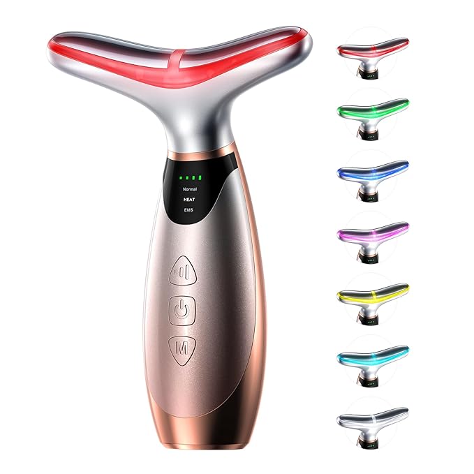 Facial Massager, 7 Colors Red Light Therapy for Face and Neck, Face Lift Device with 113°F Heating Vibration for Multi Skin Care