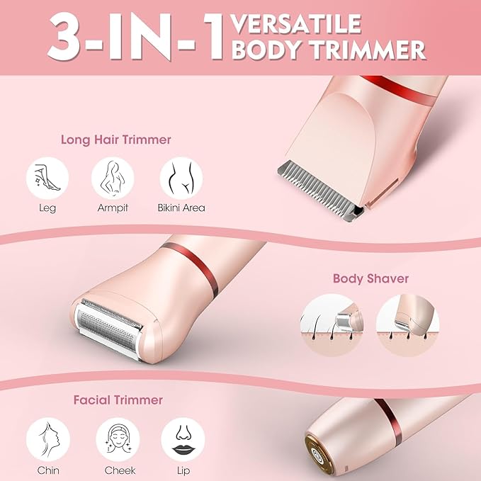 Bikini Trimmer for Women, 3 in 1 Electric Razors for Women, Rechargeable Electric Bikini Shaver, Waterproof Pubic Hair Trimmer and Facial Hair Remover with LED Display