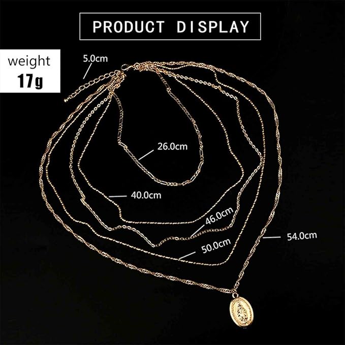 Boho Layered Oval Coin Necklace Choker Gold Virgin Mary Necklace Figaro Chain Necklace Vintage Multilayer Necklace Chain Jewelry for Women and Girls