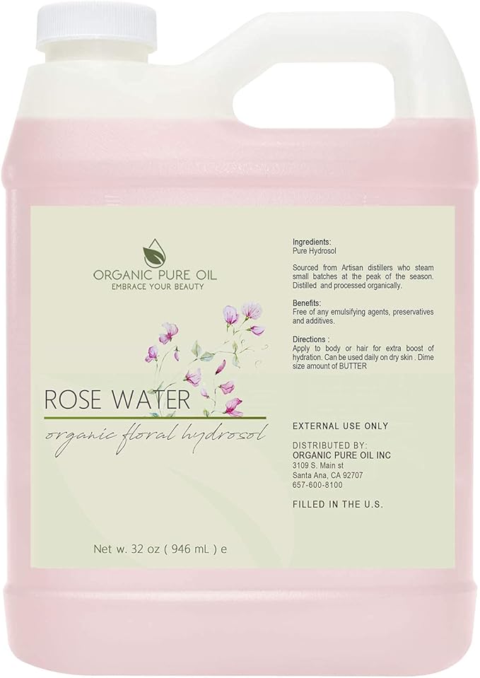 32 oz Rose Hydrosol Water – 100% Pure Rosewater Spray Mist Bulk – Hydrating Face Toner Rose Water for Skin and Hair Linen Spray for Sheets Room Freshener Body Spray Refill by Organic Pure Oil