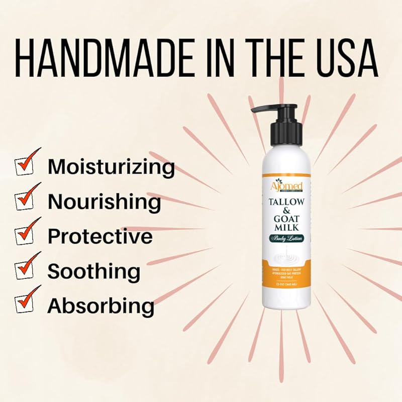 Grass Fed Beef Tallow & Goat Milk Body Lotion for Sensitive Skin, Organic Tallow Lotion - Soothes Dry Patches, Goat Milk Moisturizer - Handmade Tallow Body Lotion (Oatmeal & Honey, 8 Oz)