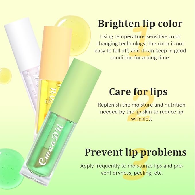 BINGBRUSH 3 Pcs Fruity Color Changing Lip Gloss for Girls, Pink Magic Mood Lip Oil Tinted, Temperature Color Change Lip Stain Lip Balm, Longlasting Lips Will Not Dry Out