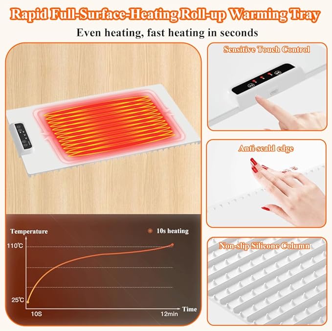 Food Warmer Mat, Electric Warming Tray, Portable Food Warming Mat with Adjustable Temperature and Timer, Roll Up Heating Mat for Food,Full Surface Heating,Fast Heating for Daily Use, Gatherings,Party