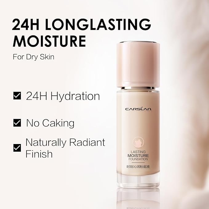 Lasting Moisture Foundation, 24H Longlasting Medium Coverage Dewy Finish Face Makeup, Poreless, Lightweight, Hydrating Liquid Foundation For Dry Skin, M02
