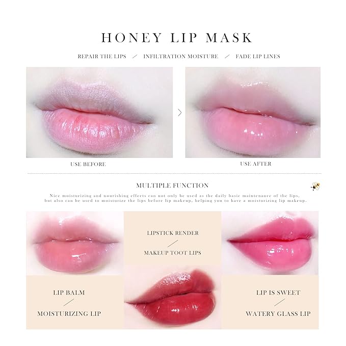 Honey Lip Balm Pot, Honey Lip Sleeping Mask Overnight 24HR Repair Lip, Moisturizing Lip Mask Honey Lip Balm Pot with Wand Hydrate Nourish Prevent Chapped Lips Lip Scrubs Exfoliator