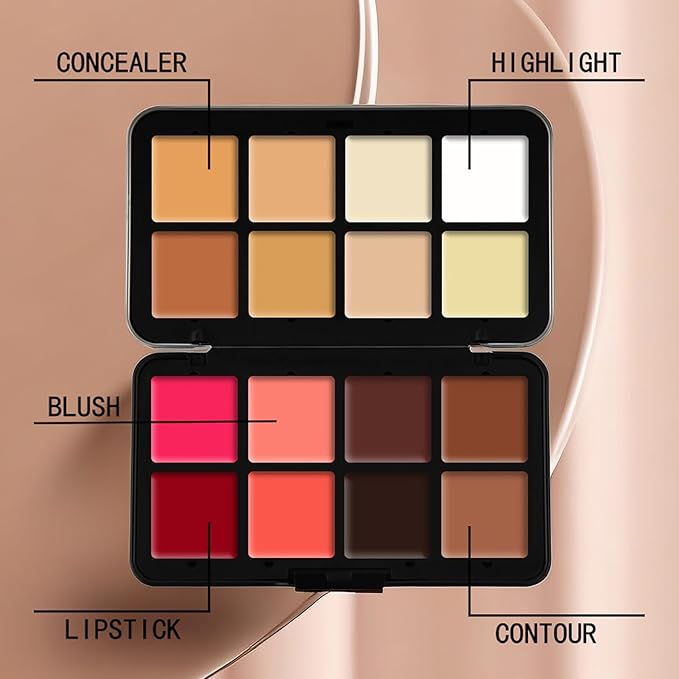 16 Color Cream Makeup Palette, Blush Concealer Highlighter Contour Palette, Multi-functional Makeup Palette with 8 Brushes, Face Make Up Gift for Women Girls