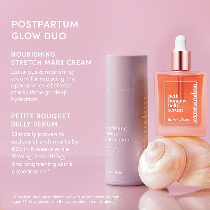 Evereden Postpartum Glow Duo - Petit Bouquet Belly Oil & Nourishing Stretch Mark Cream - Dermatologist-Developed Clean & Vegan Maternity Skincare Postpartum Gifts for New Mom - Stretch Mark Reduction