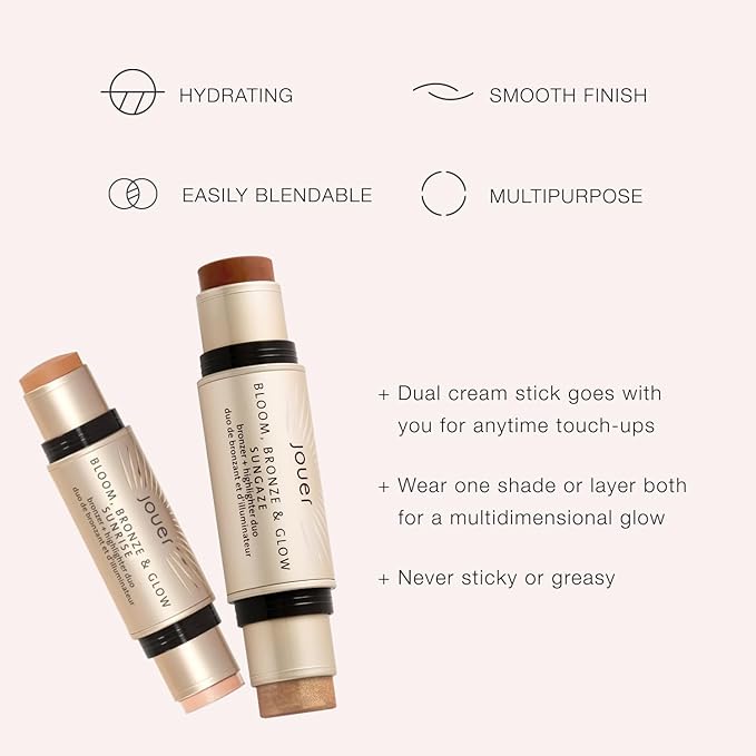 Jouer Bloom, Bronze & Glow Bronzer + Highlighter Stick - Cream Contour Makeup Stick - Hydrating Rose Hip Oil and Squalane Formula, Sunset