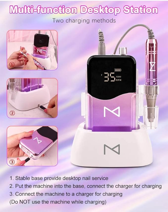 M Mase- Professional Nail Drill Machine - Coreless 2-in-1 Nail File - Electric, Cordless, 35000 RPM, HD Display - Electric Nail Drill for Professional & Home Use (Metallic Gold)
