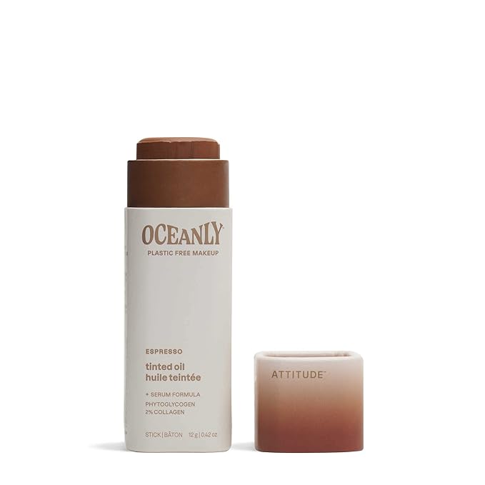 ATTITUDE Oceanly Light Coverage Face Tinted Oil Stick, EWG Verified, Titanium Dioxide-Free, Vegan & Cruelty-Free Tinted Moisturizer, Plastic-Free, Espresso, 0.42 Ounces