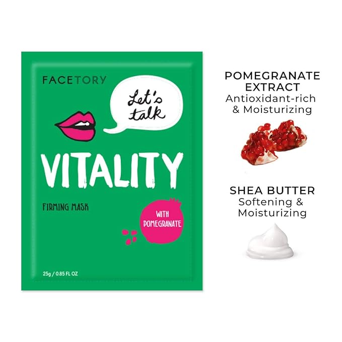 FACETORY K Beauty Face Mask Skin Care - LET'S TALK VITALITY FIRMING Sheet Mask with Pomegranate & Shea Butter | Firming Mask with Antioxidants, Plump & Hydrate (10 Pack)