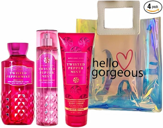 Bath & Body Works - 3 Piece Bundle - Spray - Body Cream - Shower Gel - Full Size and Gift Bag HELLO GORGEOUS (Twisted Peppermint)