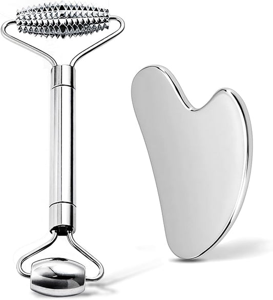 Gua Sha Facial Tools and Face Roller Set, Lymphatic Drainage Massager，Stainless Steel Facial Sculpting Eyes Roller Guasha for Face, Chin & Jawline Sculpting,Skin Care (Stainless Steel)