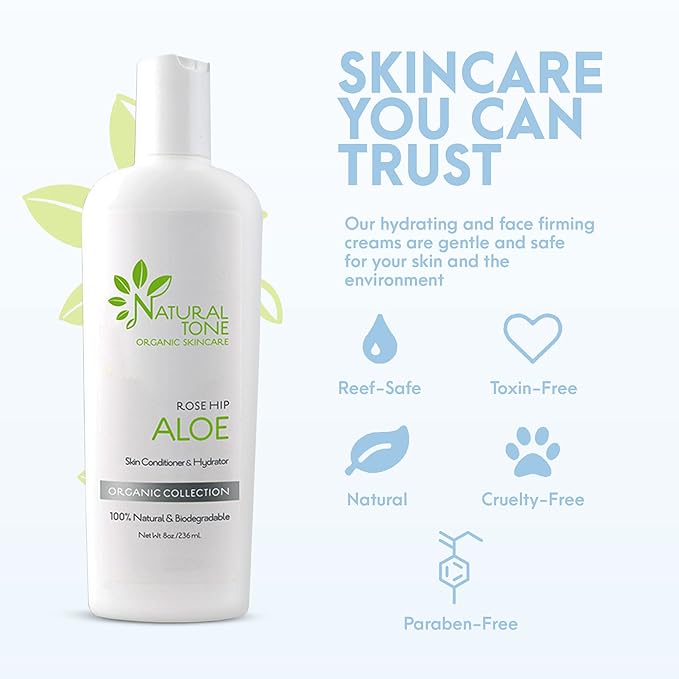 Natural Tone Organic Skincare Rosehip Aloe Lotion, Everyday Skin Conditioner and Hydrator Lotion 8oz