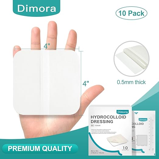 Dimora Hydrocolloid Dressing 4" x 4" for Wound Care, 10 Pack Large Patch Bandages with Self-Adhesive for Bedsore, Burn, Blister, Acne Care, Super Absorbent for Fast Healing
