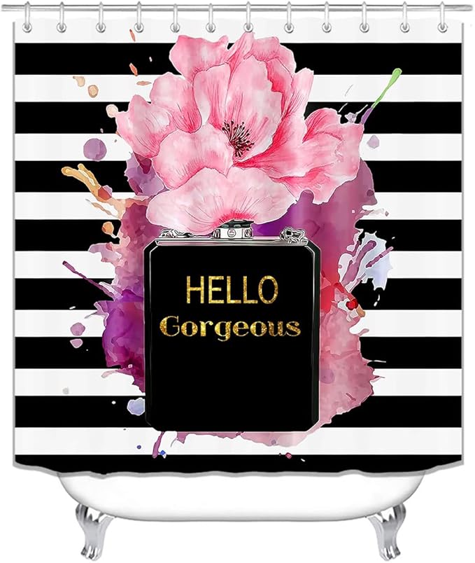 4PCS Gold Glitter Hello Gorgeous Shower Curtain Set, Watercolor Pink Floral Black and White Striped Perfume Makeup Modern Fashion Women Bathroom Decor, Non-Slip Bath Mat Toilet Rug, Hibiscus