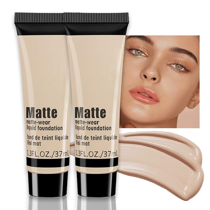2 Pack Liquid Foundation Cream for Face Makeup,Durable Full Coverage Matte Concealer Make Up,Oil Control & Waterproof Base Primer -1+1 Fl.Oz-BEIGE 6#