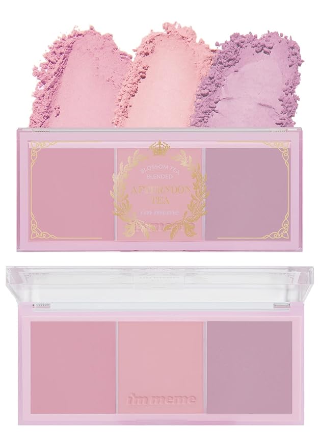 I'm Meme Palette - Afternoon Tea Blusher | Blossom Tea Blended, Cool Tone Blush for Cheek, Soft Pink, Peach, Lavender, 3 Shades Palette, Matte Powder Blush for Face&Cheeks, 0.4oz