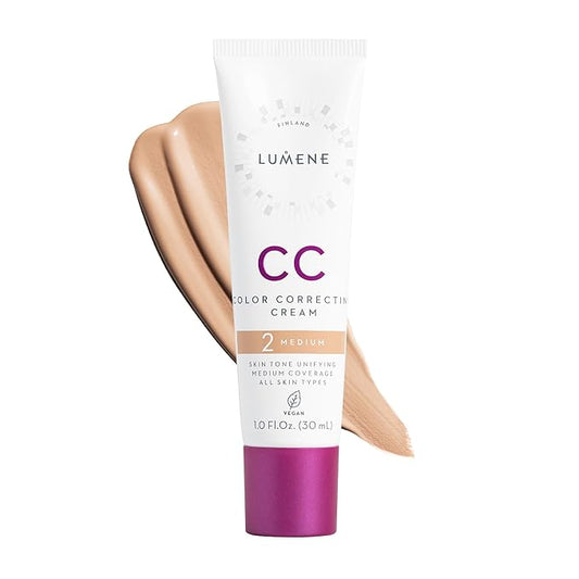 Lumene Color Correcting CC Cream - Lightweight Foundation with Medium Coverage - Redness Reducing Face Makeup for a Glowing Complexion - Vegan Formula + Suitable for All Skin Types - Medium (1 fl oz)