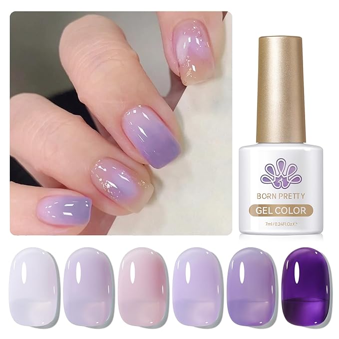 BORN PRETTY Jelly Purple Gel Nail Polish 6 Colors Purple Violets Colors Gel Polish Kit Soak Off Gel Nail Kit Collection Nail Art Gel Manicure Kit DIY at Home Salon Gifts