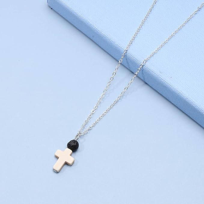 Boho Cross Pendant Necklace Black Lava Bead Choker Necklace Silver Chain Necklace Minimalist Everyday Necklace Jewelry for Women and Girls