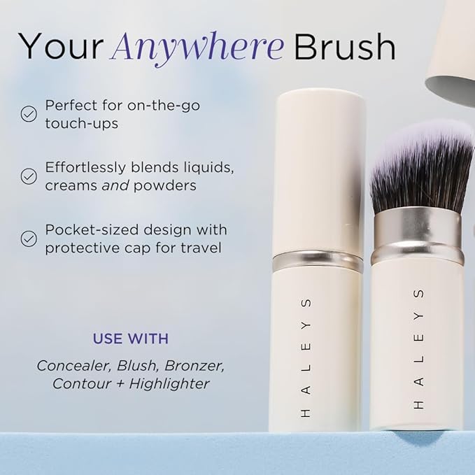 HALEYS Retractable Face Brush, VEGAN Dense, Angled Bristles & Adjustable Sleeve, Portable Makeup Brush for Quick, Easy Streak-Free Blending of Liquids, Creams, Powders, Travel-friendly Mess-Free Cap