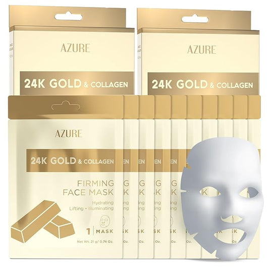 AZURE 24K Gold Firming Face Mask- Anti Aging, Hydrating, Toning & Firming Facial Sheet Mask - Helps Reduce Wrinkles & Fine Lines - With Hyaluronic Acid & Collagen - Skin Care Made in Korea - 10 Pack