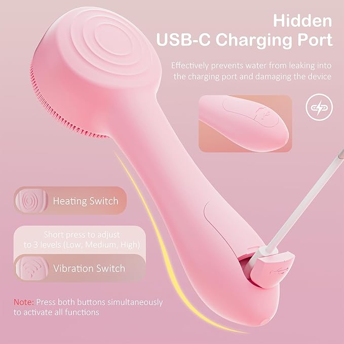 Facial Cleansing Brush Silicone Face Scrubber Waterproof Rechargeable Exfoliator Massage Device for Men & Women, Deep Pore Cleansing, Exfoliating, Removing Blackhead Electric Face Scrub Brush (Pink)