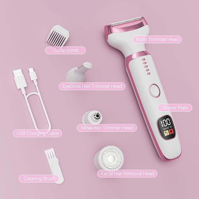 Electric Razor for Women, 4-in-1 Bikini Trimmer & Body Shaver for Nose Hair Face Eyebrow Arms Legs Armpit Underarm Pubic Area, Rechargeable Wet/Dry Painless Hair Removal