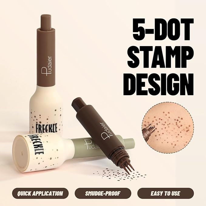 Freckle Stamp,Faux Freckle Stamp,Quick Dry Fake Freckles Pen,Waterproof Long Lasting Natural Vivid Faux Freckles Pen,Get Sun-Kissed Stars Makeup in One Press,5-Dot Design,01.Ash Chestnut.