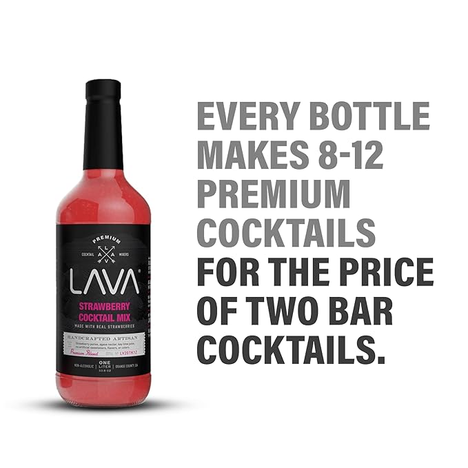 LAVA Premium Strawberry Margarita Mix Strawberry Daiquiri Mix, Made with Real Strawberries, Agave, Key Lime, No Artificial Sweeteners, Lots of Flavor, Ready to Use, 1-Liter (33.8oz) Glass Bottle